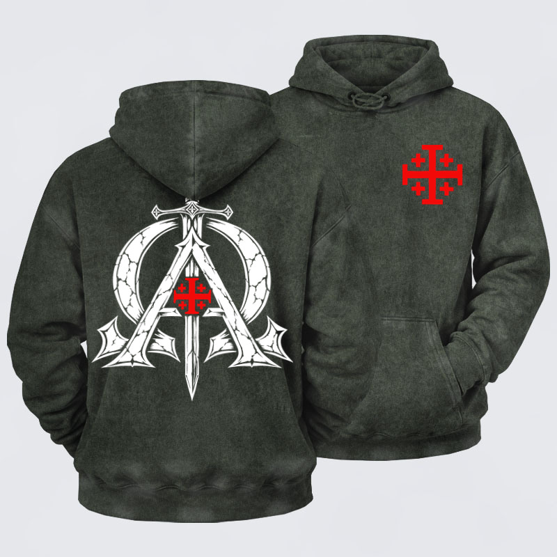 Washed Hoodie - Alpha & Omega – Revelation 22:13 Christian Warrior - Army green (front and back)