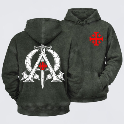 Washed Hoodie - Alpha & Omega – Revelation 22:13 Christian Warrior - Army green (front and back)
