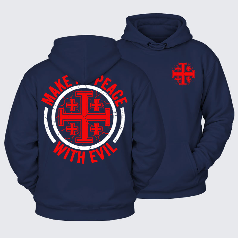 Plush Fleece-Lined Hoodie - Make No Peace with Evil Knight Templar Jerusalem Cross - Navy Blue (front and back)