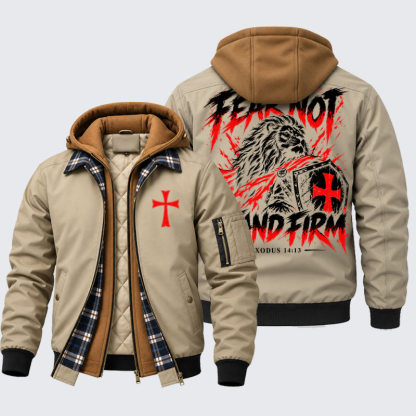 Hooded Bomber Jacket - Fear Not – Stand Firm Lion - Khaki (front and back)
