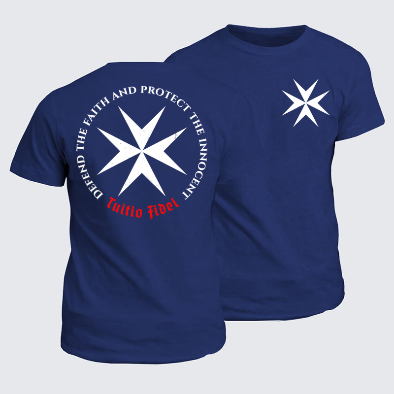 Classic Cotton Tee - Defend the Faith, Protect the Innocent Christian Knighti – Tuitio Fide - Navy (front and back)