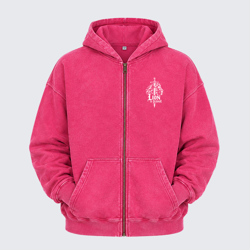 Washed Zip-Up Hoodie - Lion of Judah - Pink (front)