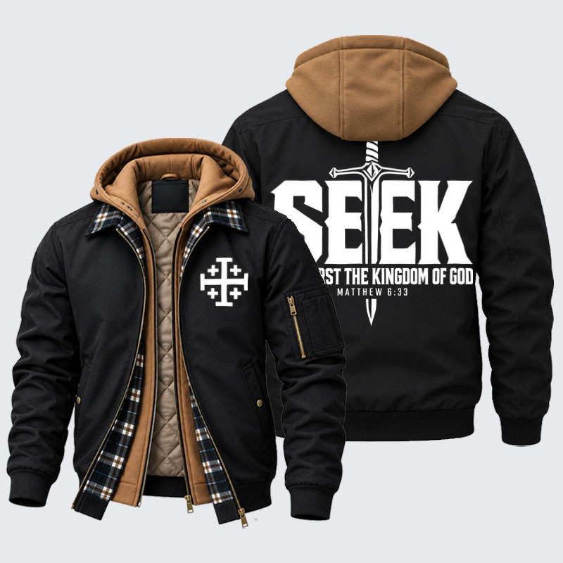Hooded Bomber Jacket - Seek First the Kingdom of God – Matthew 6:33 - Black (front and back)