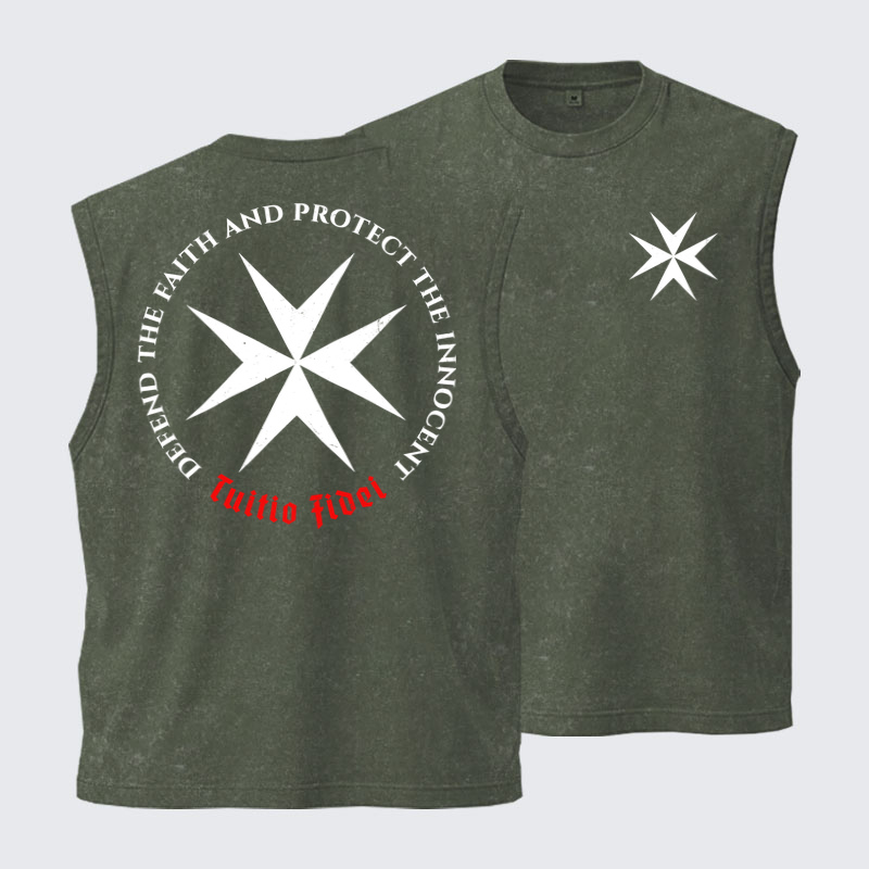 Washed Tank Top - Defend the Faith, Protect the Innocent Christian Knighti – Tuitio Fide - Army green (front and back)