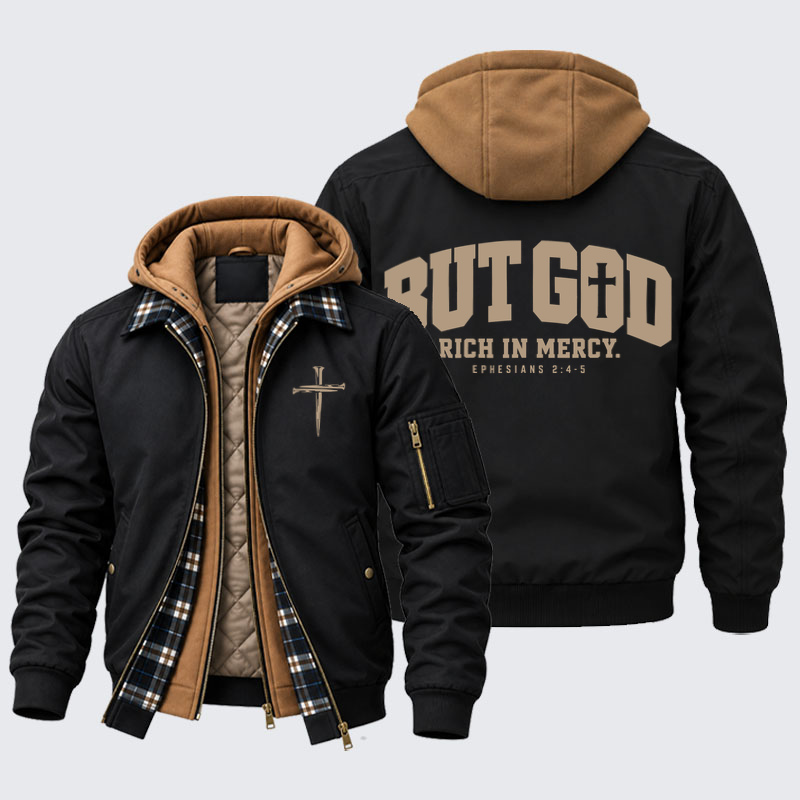 Hooded Bomber Jacket - But God Rich in Mercy – Ephesians 2:4-5 - Black (front and back)