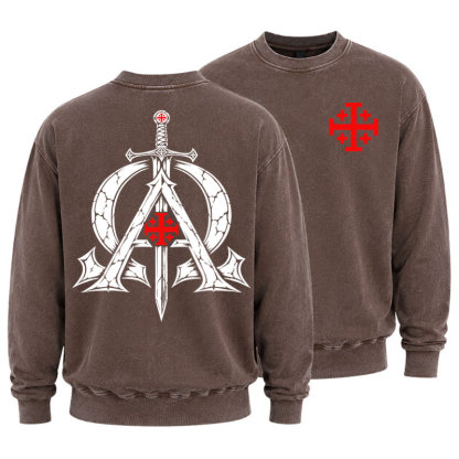Washed Sweatshirt - Alpha & Omega – Revelation 22:13 Christian Warrior - Coffee (front and back)