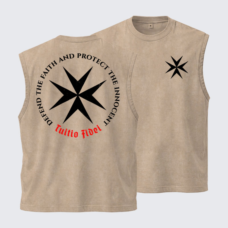 Washed Tank Top - Defend the Faith, Protect the Innocent Christian Knighti – Tuitio Fide - Khaki (front and back)