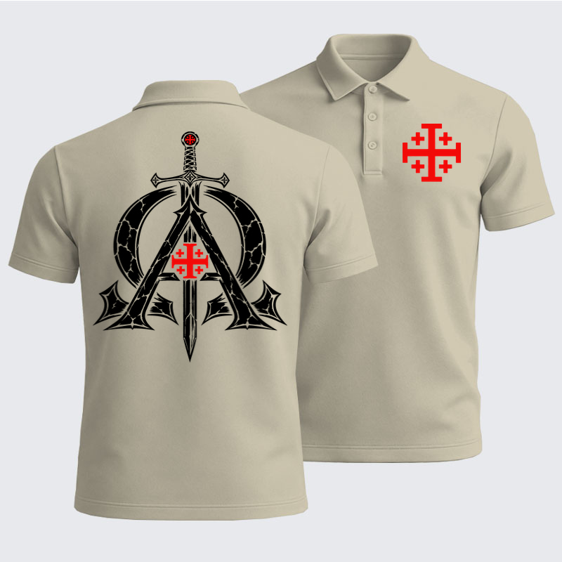 Men’s Premium Cotton Polo Shirt - Alpha & Omega – Revelation 22:13 Christian Warrior - Apricot (front and back)