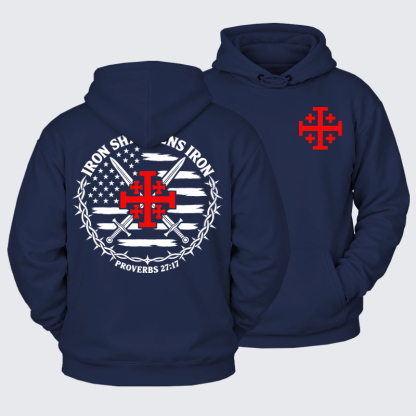 Plush Fleece-Lined Hoodie - Iron Sharpens Iron – Jerusalem Cross & American Flag - Navy Blue (front and back)