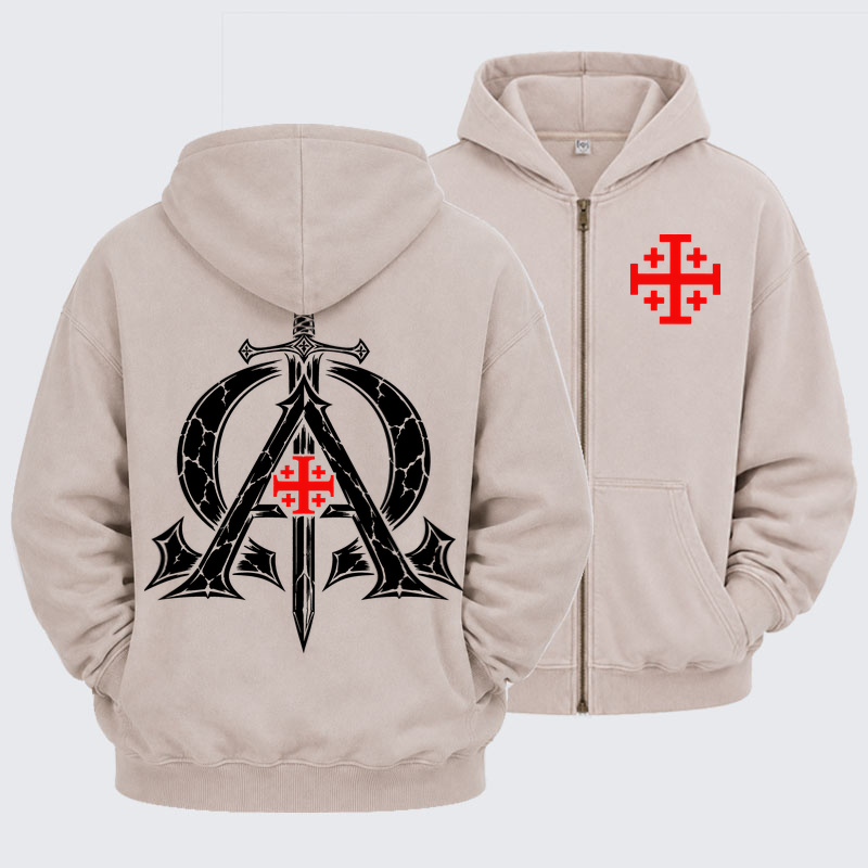 Washed Zip-Up Hoodie - Alpha & Omega – Revelation 22:13 Christian Warrior - Beige (front and back)