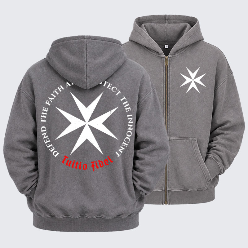 Washed Zip-Up Hoodie - Defend the Faith, Protect the Innocent Christian Knighti – Tuitio Fide - Grey (front and back)