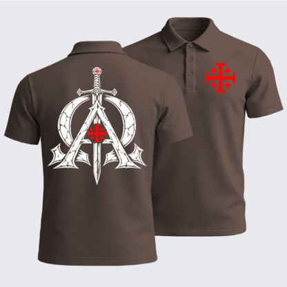 Men’s Premium Cotton Polo Shirt - Alpha & Omega – Revelation 22:13 Christian Warrior - Coffee (front and back)