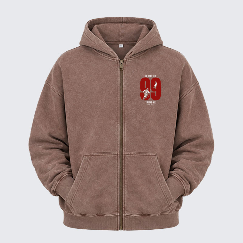 Washed Zip-Up Hoodie - He Left The 99 To Find Me - Coffee (front)