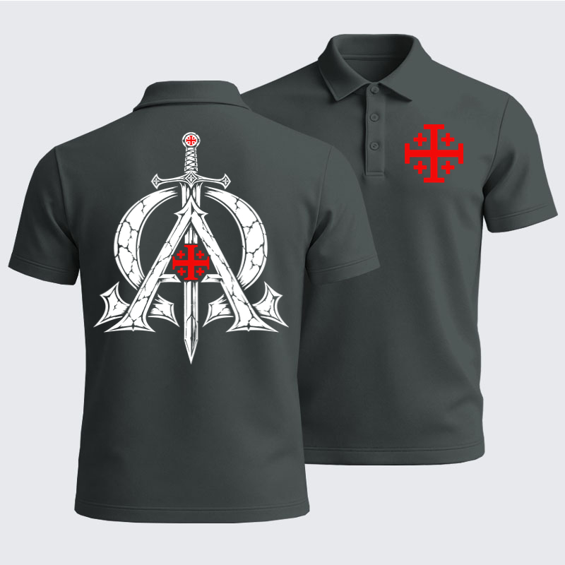 Men’s Premium Cotton Polo Shirt - Alpha & Omega – Revelation 22:13 Christian Warrior - Dark Gray (front and back)