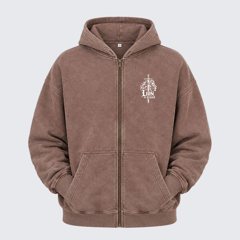 Washed Zip-Up Hoodie - Lion of Judah - Coffee (front)