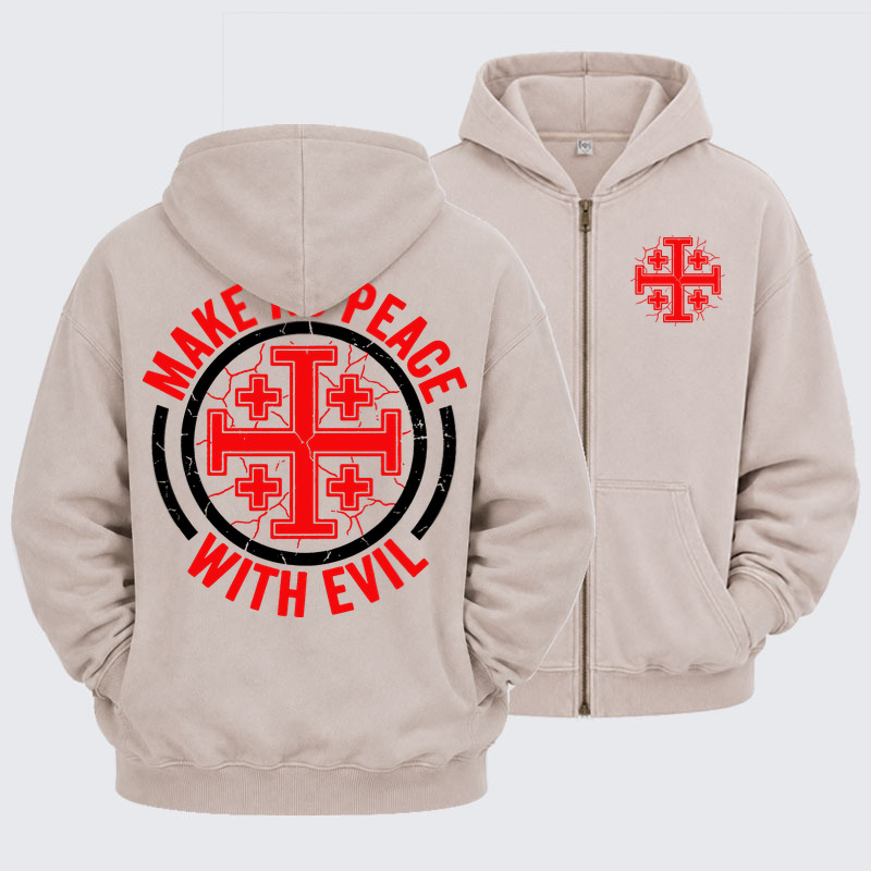 Washed Zip-Up Hoodie - Make No Peace with Evil Knight Templar Jerusalem Cross - Beige (front and back)