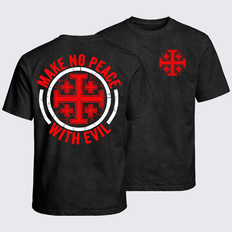 Washed T-Shirt - Make No Peace with Evil Knight Templar Jerusalem Cross - Black (front and back)
