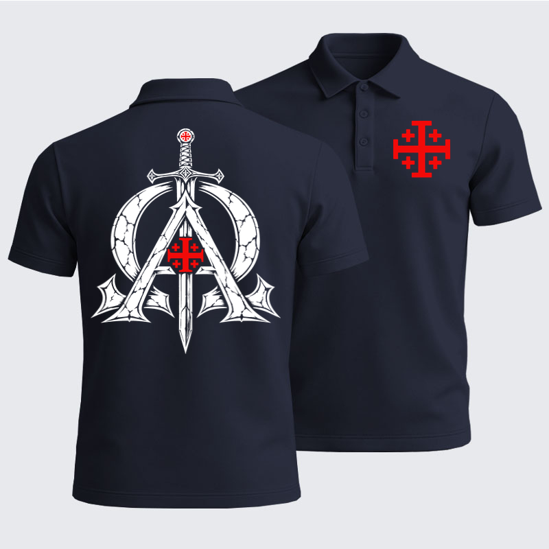 Men’s Premium Cotton Polo Shirt - Alpha & Omega – Revelation 22:13 Christian Warrior - Navy (front and back)