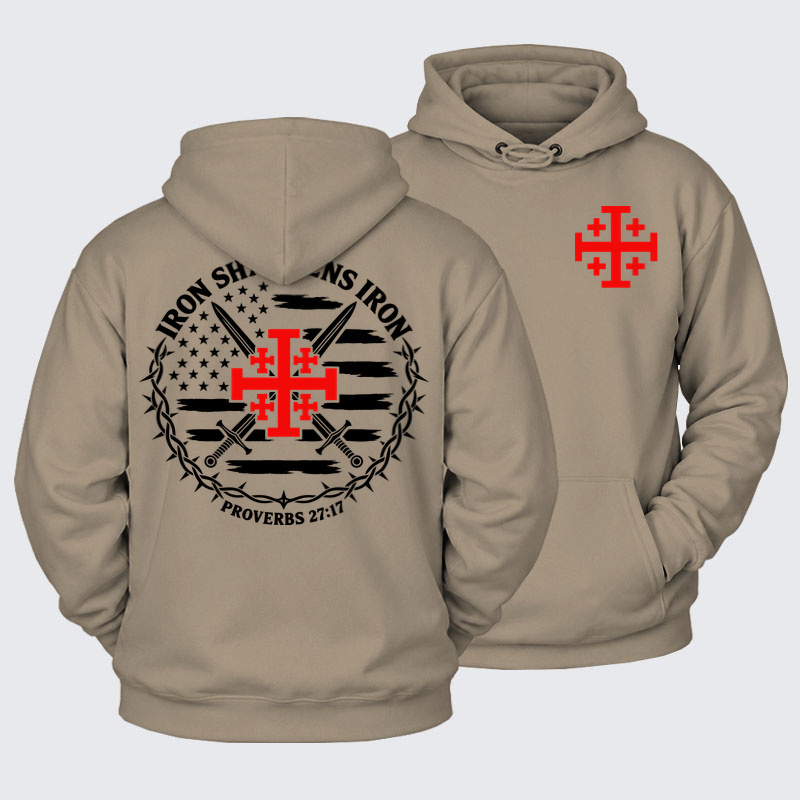 Plush Fleece-Lined Hoodie - Iron Sharpens Iron – Jerusalem Cross & American Flag - Gray Coffee (front and back)
