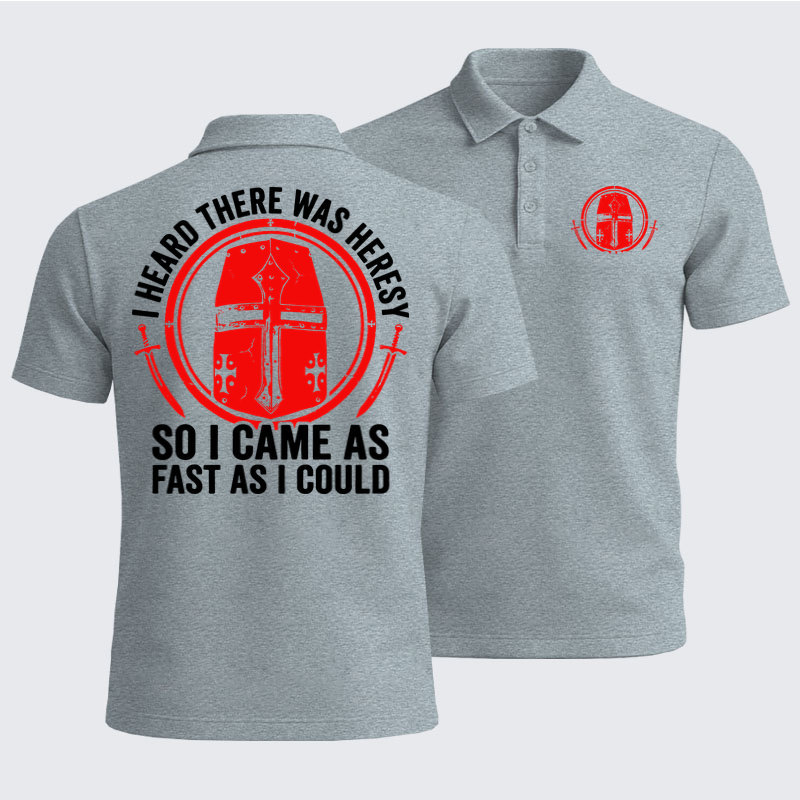 Men’s Premium Cotton Polo Shirt - I Heard There Was Heresy. So I Came As Fast As I Could Crusader Joke - Light Gray (front and back)