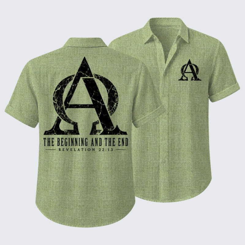 Short Sleeve Casual Shirt - Alpha & Omega – The Beginning and the End - Light Green (front and back)
