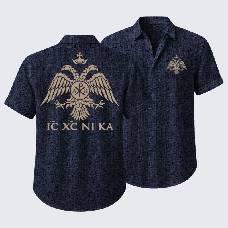 Short Sleeve Casual Shirt - IC XC NIKA – Chi-Rho Double-Headed Eagle - Navy blue (front and back)