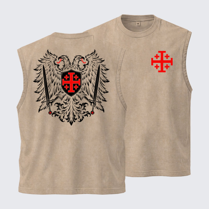 Washed Tank Top - Jerusalem Cross – Christian Double-Headed Eagle Warrior - Khaki (front and back)