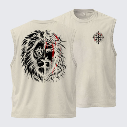 Washed Tank Top - Lion of Judah & Jesus – Crown of Thorns - Beige (front and back)