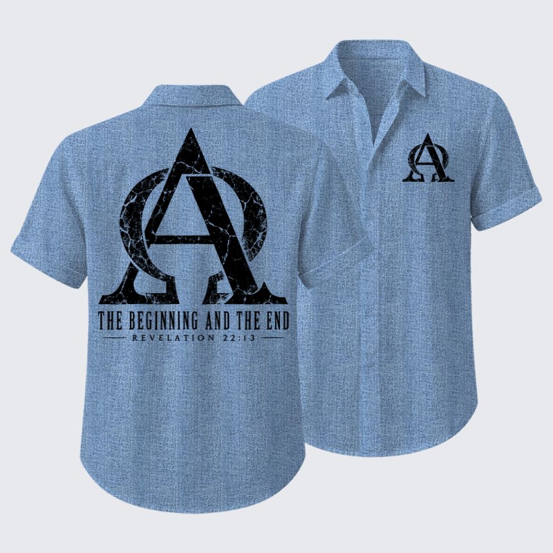 Short Sleeve Casual Shirt - Alpha & Omega – The Beginning and the End - Sky blue (front and back)