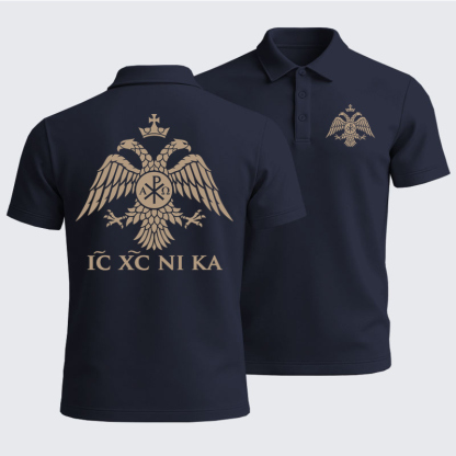 Men’s Premium Cotton Polo Shirt - IC XC NIKA – Chi-Rho Double-Headed Eagle - Navy (front and back)