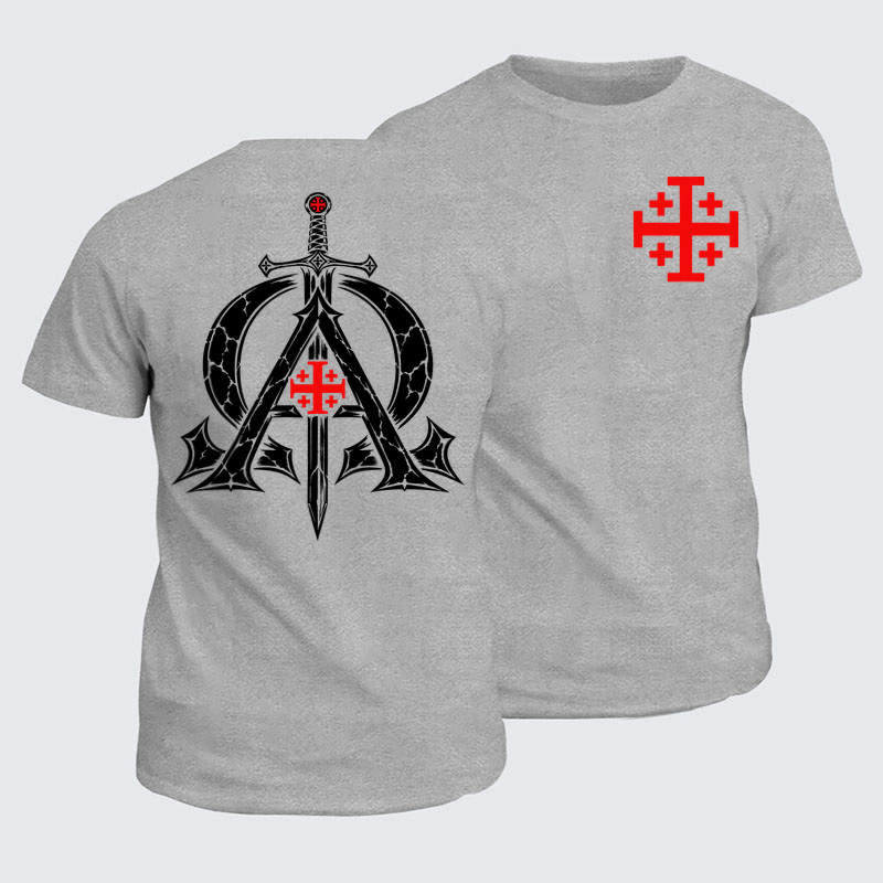 Classic Cotton Tee - Alpha & Omega – Revelation 22:13 Christian Warrior - Light Gray (front and back)
