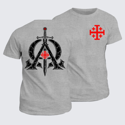 Classic Cotton Tee - Alpha & Omega – Revelation 22:13 Christian Warrior - Light Gray (front and back)