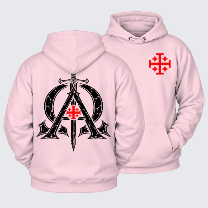 Plush Fleece-Lined Hoodie - Alpha & Omega – Revelation 22:13 Christian Warrior - Light Pink (front and back)