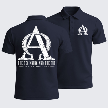 Men’s Premium Cotton Polo Shirt - Alpha & Omega – The Beginning and the End - Navy (front and back)