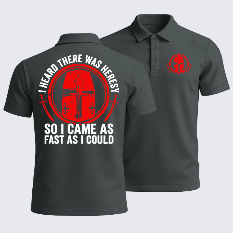Men’s Premium Cotton Polo Shirt - I Heard There Was Heresy. So I Came As Fast As I Could Crusader Joke - Dark Gray (front and back)