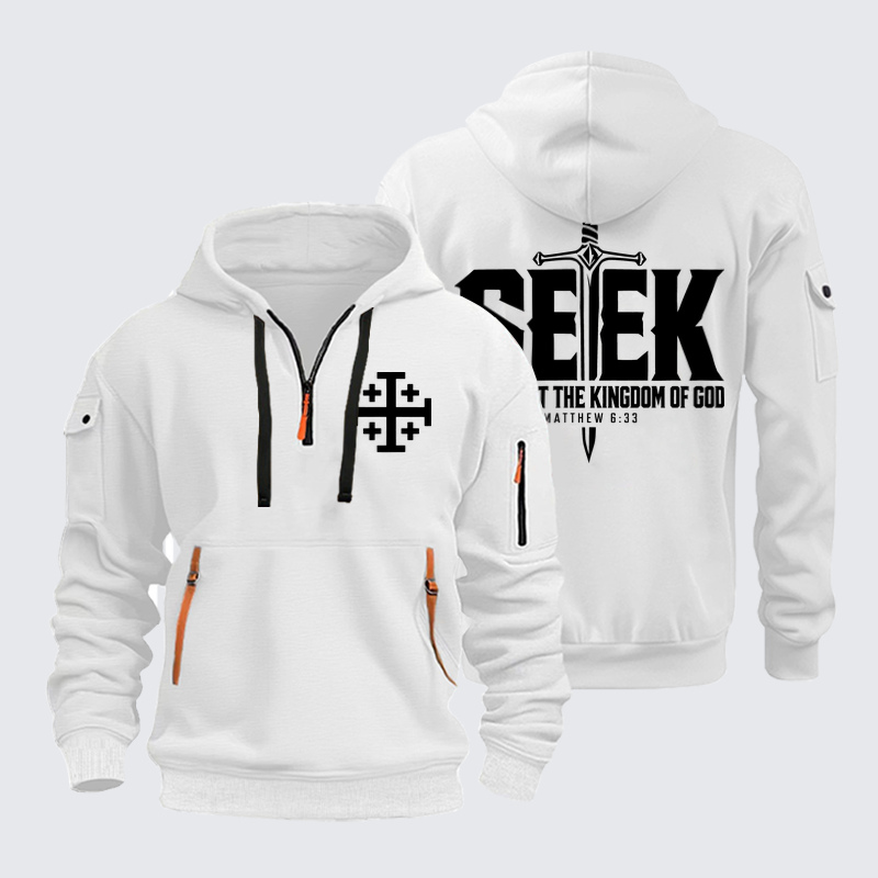 Zipper Hoodies - Seek First the Kingdom of God – Matthew 6:33 - White (front and back)