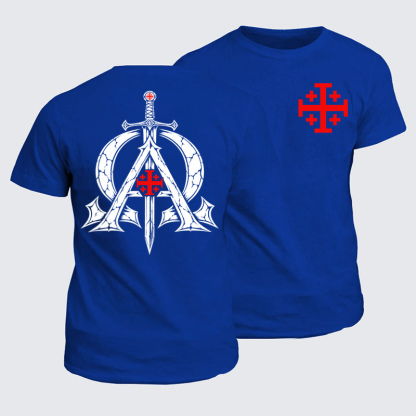 Classic Cotton Tee - Alpha & Omega – Revelation 22:13 Christian Warrior - Royal Blue (front and back)