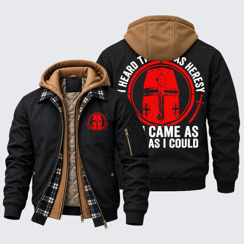 Hooded Bomber Jacket - I Heard There Was Heresy. So I Came As Fast As I Could Crusader Joke - Black (front and back)