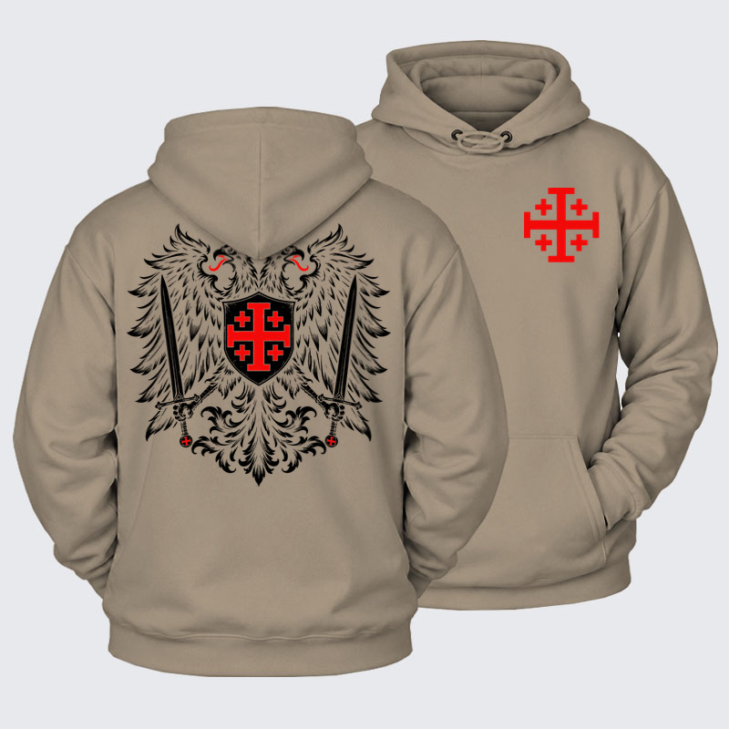 Plush Fleece-Lined Hoodie - Jerusalem Cross – Christian Double-Headed Eagle Warrior - Gray Coffee (front and back)