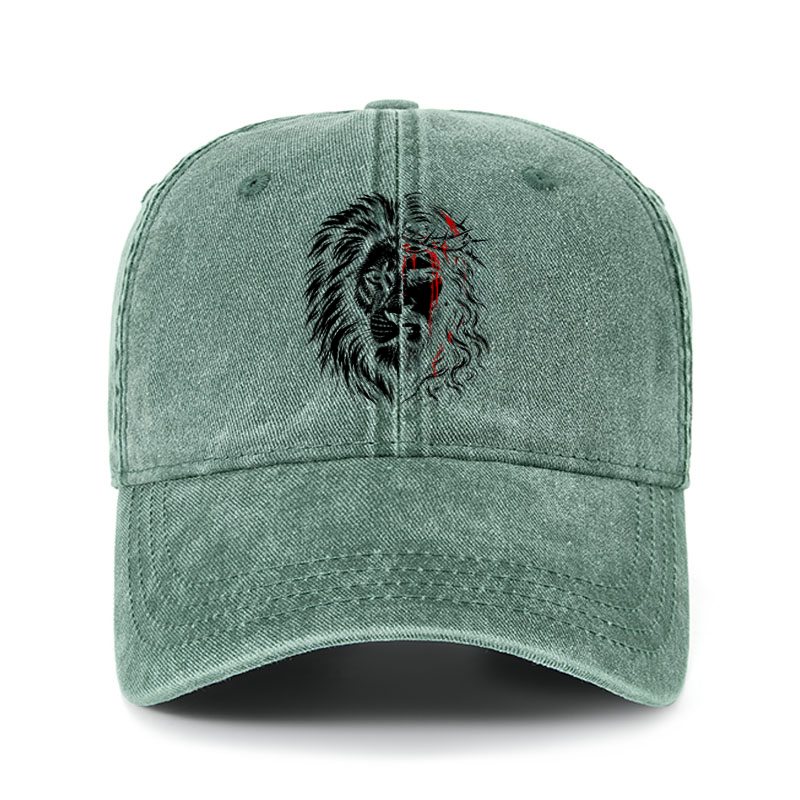 Heritage Washed Cap - Lion of Judah & Jesus – Crown of Thorns - Dark Green (front)