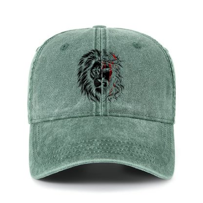 Heritage Washed Cap - Lion of Judah & Jesus – Crown of Thorns - Dark Green (front)