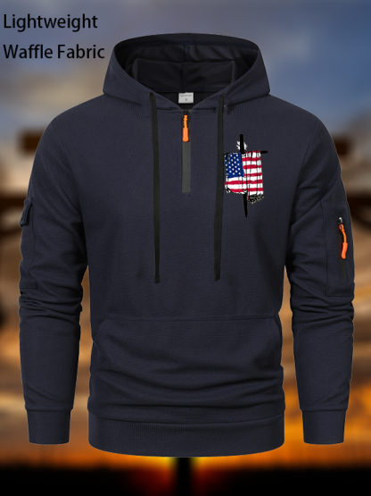 Faith Flag Cross Print Christian Waffle Fabric Zipper Hoodies