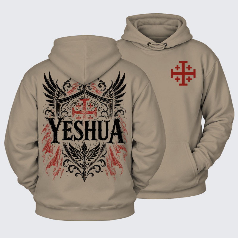 Plush Fleece-Lined Hoodie - Yeshua – King of Kings - Gray Coffee (front and back)
