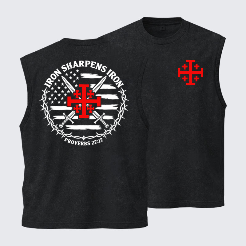 Washed Tank Top - Iron Sharpens Iron – Jerusalem Cross & American Flag - Black (front and back)