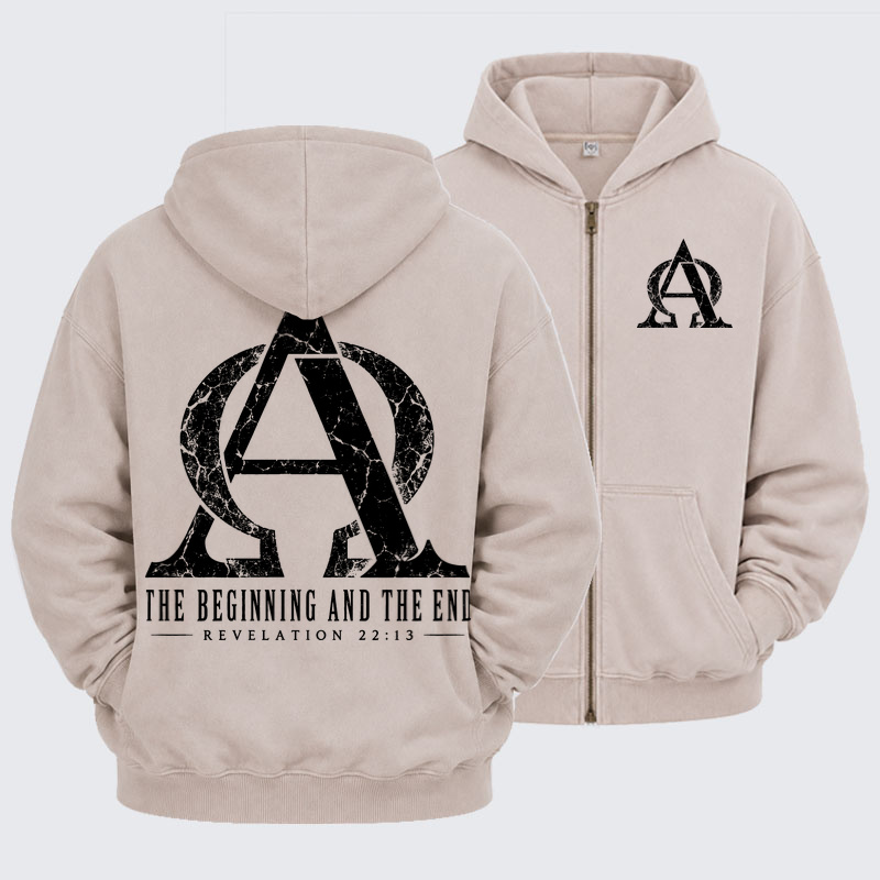 Washed Zip-Up Hoodie - Alpha & Omega – The Beginning and the End - Beige (front and back)