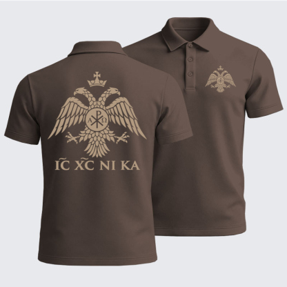 Men’s Premium Cotton Polo Shirt - IC XC NIKA – Chi-Rho Double-Headed Eagle - Coffee (front and back)