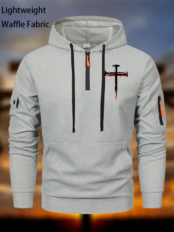 Nails Cross Christian Waffle Fabric Zipper Hoodies
