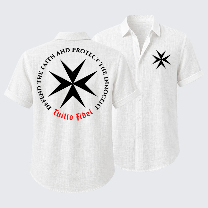 Short Sleeve Casual Shirt - Defend the Faith, Protect the Innocent Christian Knighti – Tuitio Fide - White (front and back)