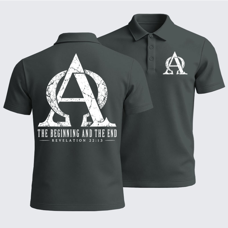 Men’s Premium Cotton Polo Shirt - Alpha & Omega – The Beginning and the End - Dark Gray (front and back)