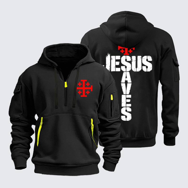 Zipper Hoodies - Jesus Saves Jerusalem Cross - Black (front and back)